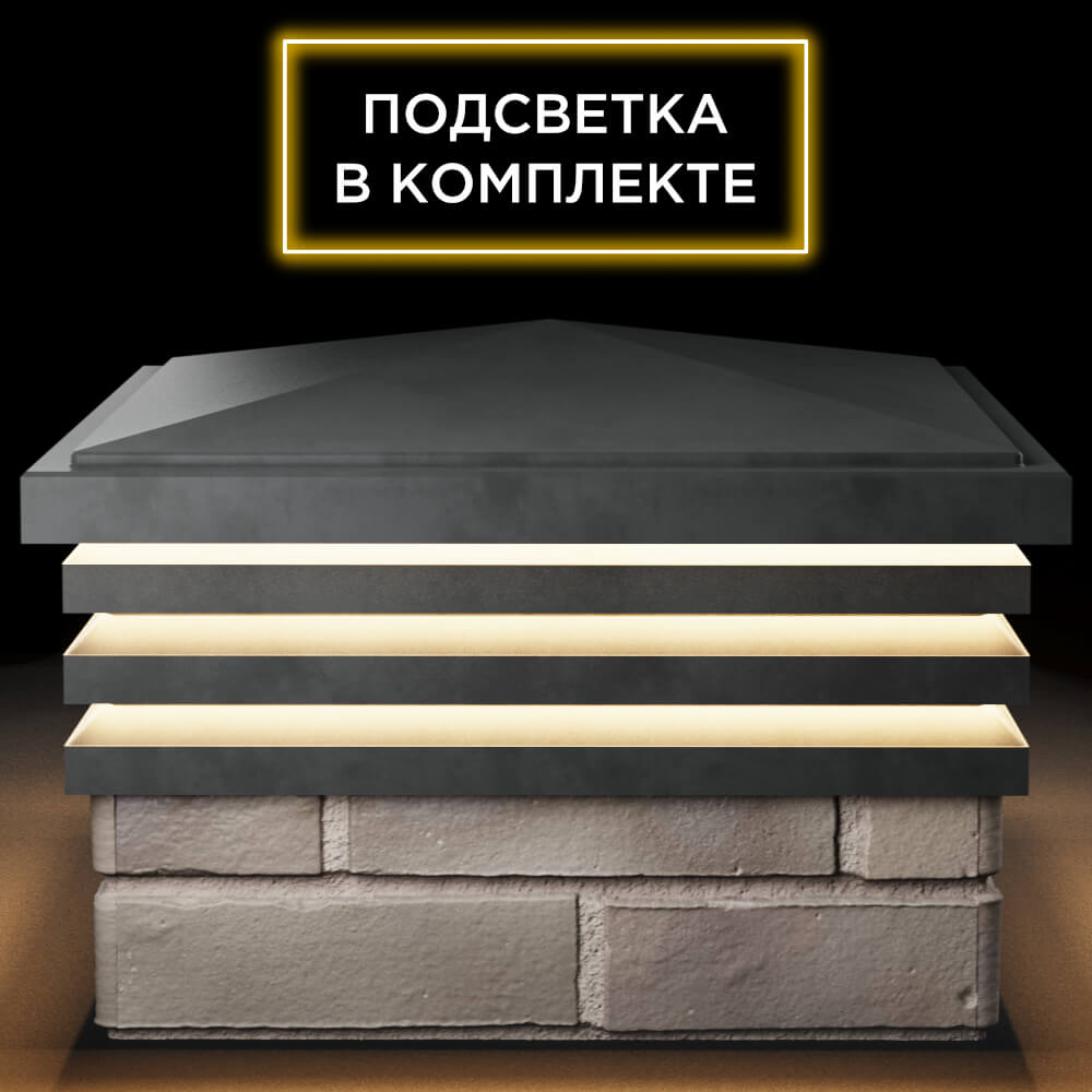 Колпак Zking Бона ХайТек Серый на столб 1.5х1.5 кирпича (385х385мм) с подсветкой Россия фото